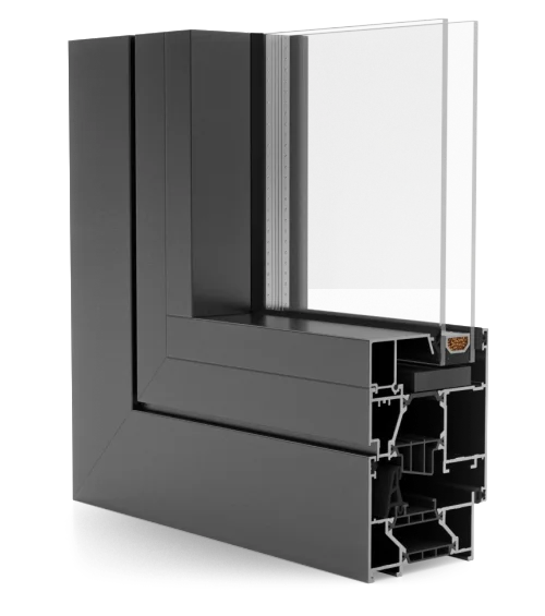 Aluminium window frame corner finished in RAL 7016 Anthracite grey